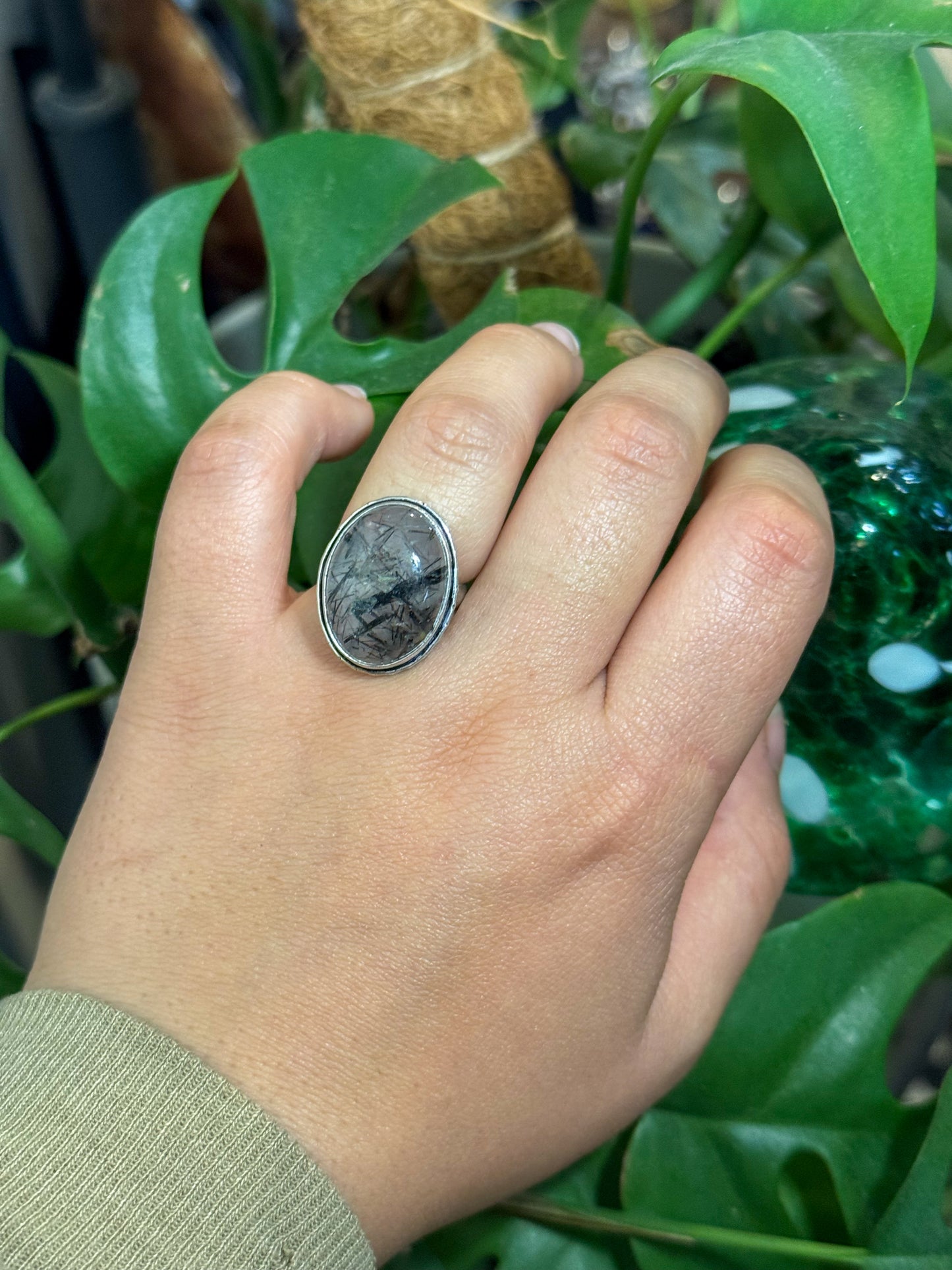 Black rutile stone ring size 7