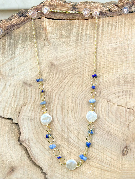 Faux Pearl and sodalite gold necklace