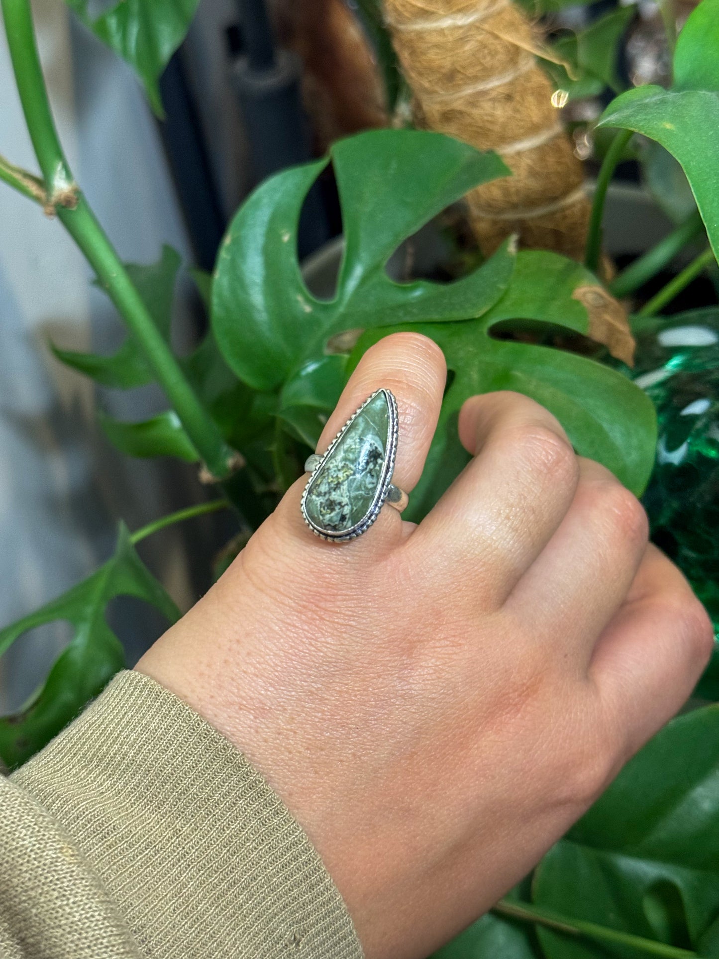 Green jasper stone ring size 6
