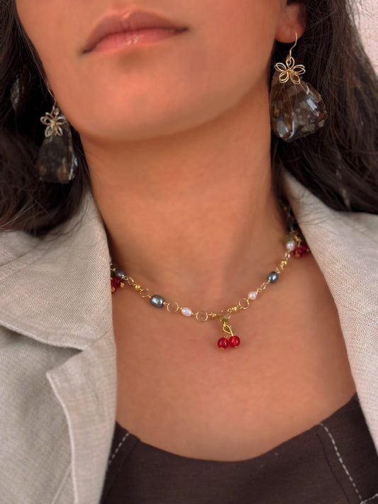 Cherry charm pearl necklace